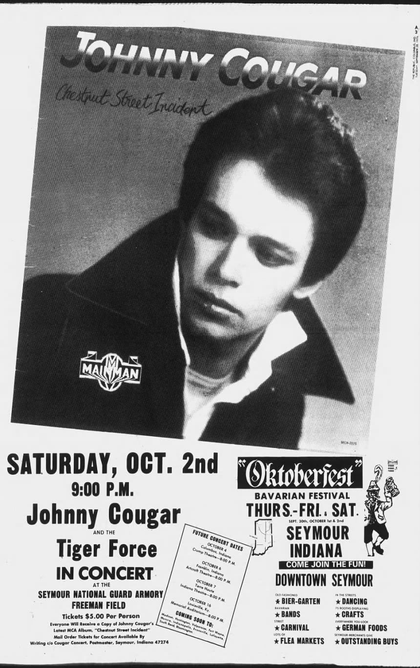 a black and white flyer advertising John Mellencamp's first concert as well as an "Oktoberfest Bavarian Festival" in Seymour, Indiana