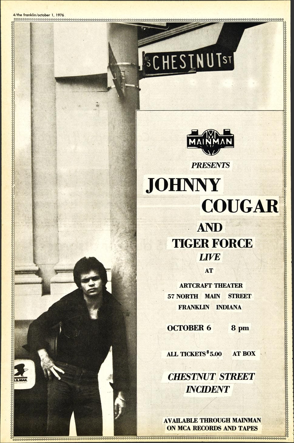 a yellowed newspaper ad depicting a young John Mellencamp leaning on a pillar, promoting a concert at the Artcraft Theater at 57 North Main Street, Franklin, Indiana, on October 6, 1976, at 8 pm