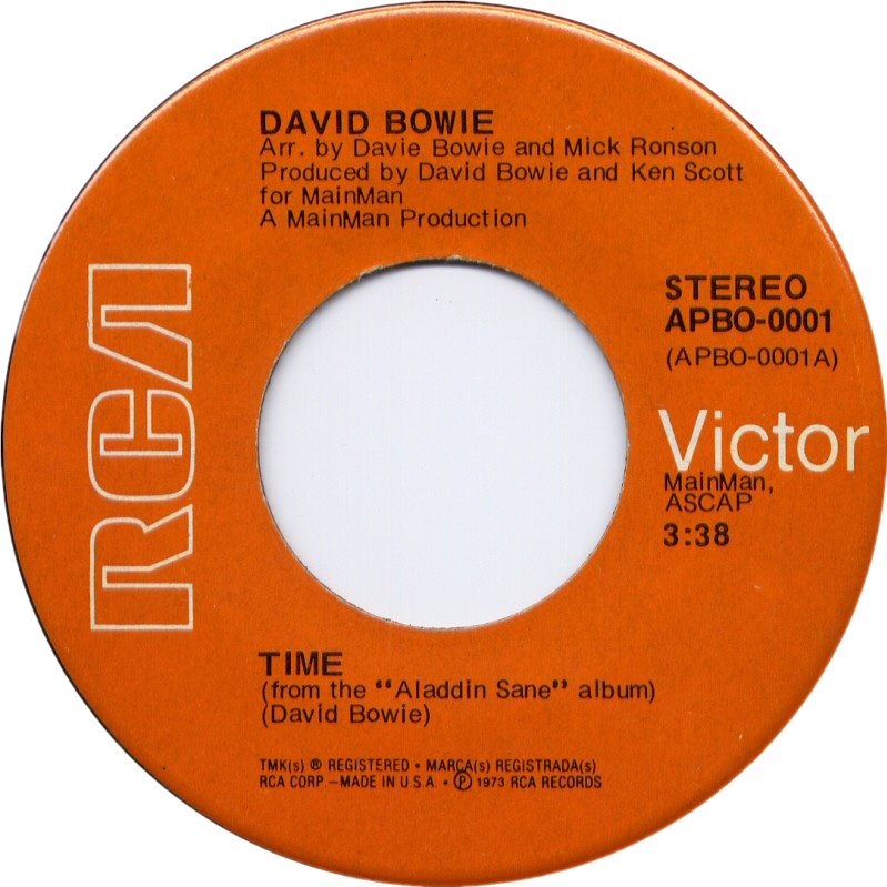 an orange circle logo of a vinyl 45 record containing the song "Time" from the "Aladdin Sane" album by David Bowie, produced by RCA Records in 1973