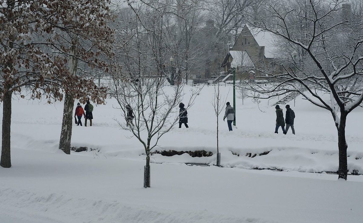 People walk, going along their business as usual despite the snow, through Dunn Meadow between Jordan River and East 7th Stre