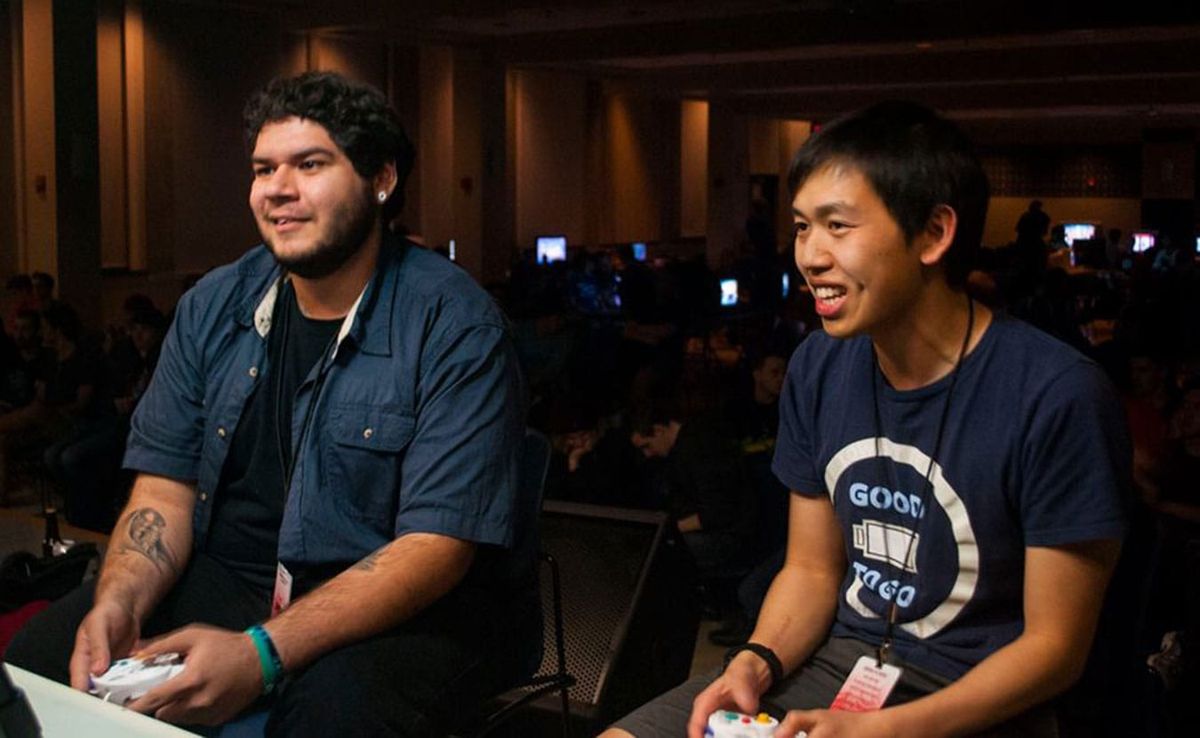 West Coast "Super Smash Bros." competitors, Joey “Lucky” Aldama and Binyan “Darkatma” Lin, at Smash at IUB's Full Bloom 2 tou