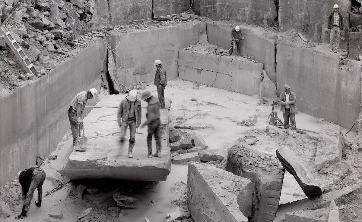 This photo by Jeffrey Wolin shows the last day of quarry season at the Independent Limestone quarry in 1983. This is one of m