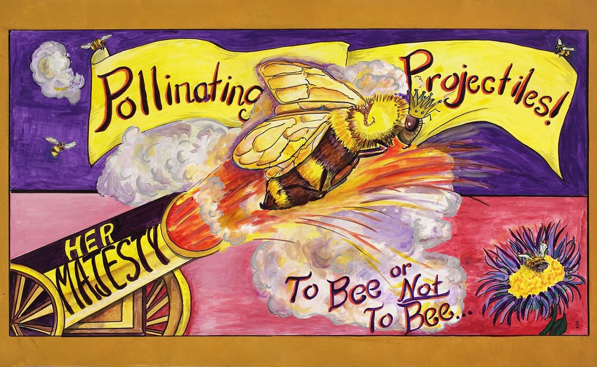 "Pollinating Projectiles!, To Bee or Not To Bee" is one of many paintings in Joe and Bess Bohon Lee's exhibition, Professor A