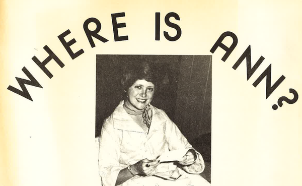 A cropped image of a missing persons poster for Anne Harmeier with the words "WHERE IS ANN?" by the Citizens of Cambridge Cit