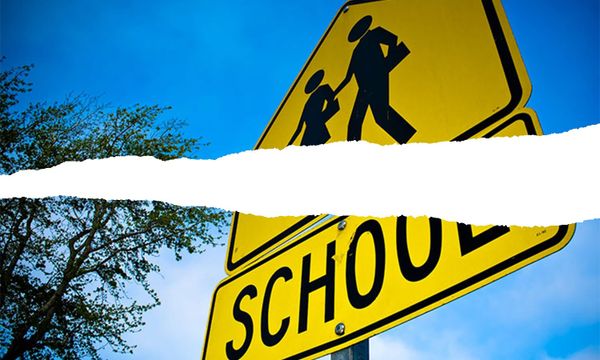 A yellow school crossing sign with an exaggerated tear rending the photo in half.