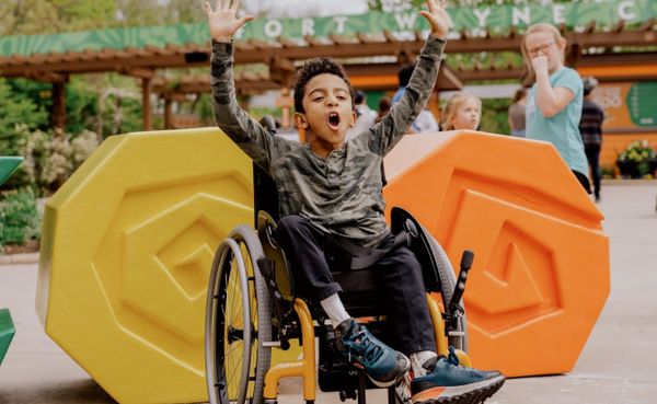 a young boy in a wheelchair exclaims with his arms in the air in front of a brightly colored sculpture spelling "ZOO"