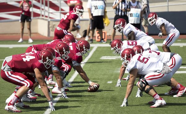 IU football team's senior captain Nick Mangieri says the defensive front seven, shown here during preseason scrimmage against