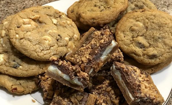 Clockwise from left: Ruthie Cohen's White Chocolate Cherry Macadamia Cookies, Chocolate Chip Medley Cookies, and Toffee Bars