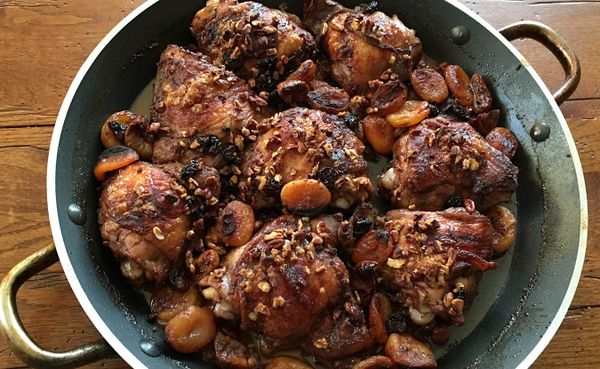 Ruthie Cohen's Chicken Marrakesh is cooked with dried cherries, other dried fruit, olives, and pecans. | Photo by Ruthie Cohe