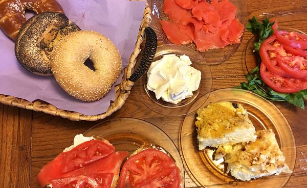 Ruthie Cohen says Jewish soul food "tastes like home." Foods pictured here include (clockwise from top left) bagels, cream ch