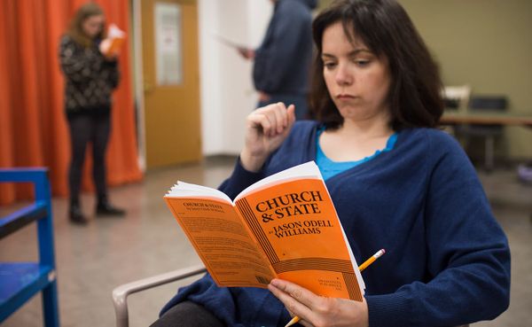 Abby Lee, who plays Sarah Whitmore, during rehearsal for Jewish Theatre of Bloomington's "Church and State." | Photo by Chaz