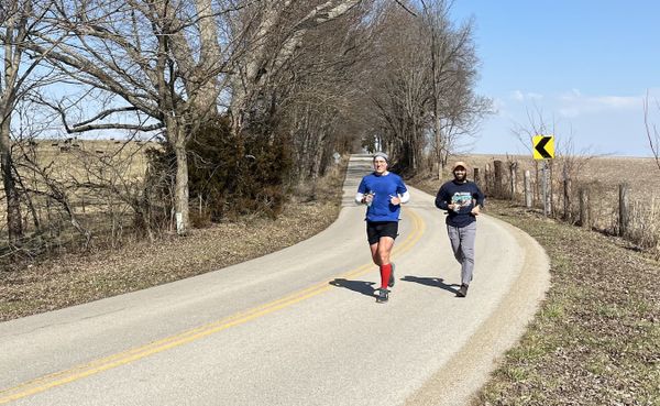 Mark Stosberg (left) and Taufique Hussain on Maple Grove Road during a recent 21-mile run (which Stosberg says became a 26.7-