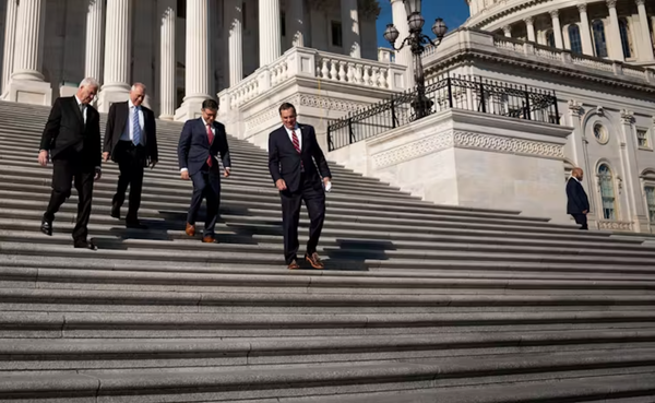 U.S. Reps. Tom Emmer, Steve Scalise, Mike Johnson and Richard Hudson (l-r), four prominent GOP lawmakers, descend the U.S. Ca