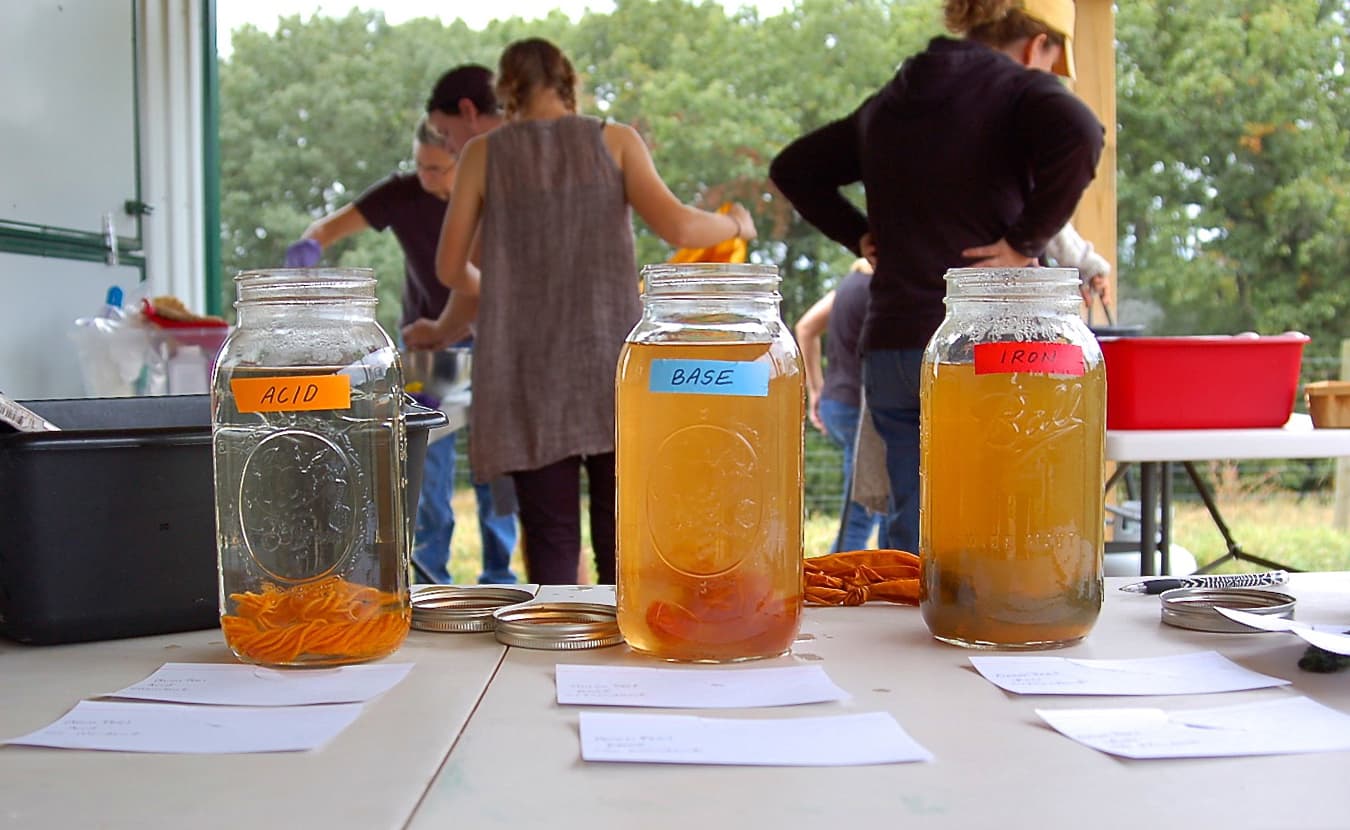 IU students experiment with indigo and black walnut dyes on the deck, while marigold-dyed yarn sits in three different after-baths to alter the ultimate color. The acid will slightly brighten the yellow; the base will deepen it; the iron will turn it an olive green. | Photo by Samuel Welsch Sveen