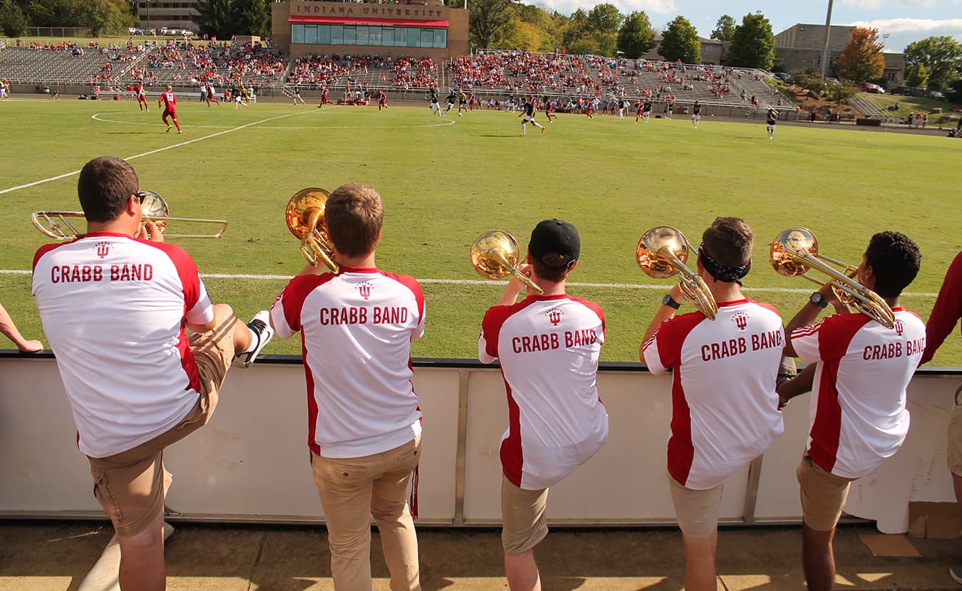 Crabb Band Director Tiffany Galus says, “The band’s performance takes place prior to the beginning of the game, during the entirety of the game, and during halftime.” | Photo courtesy of Indiana University Jacobs School of Music Department of Bands