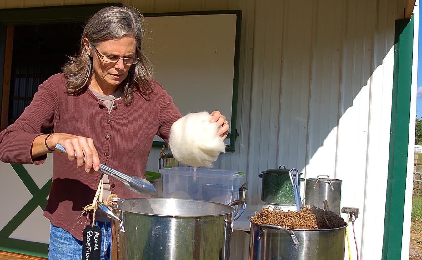 Whitney prepares undyed wool for the dyeing process by soaking it first in an alum bath. This step, called mordanting, encourages certain plant dyes to affix to the fiber more readily and more permanently. To her left, sumac berries simmer in hot water to release their pigment for dyeing. | Photo by Samuel Welsch Sveen