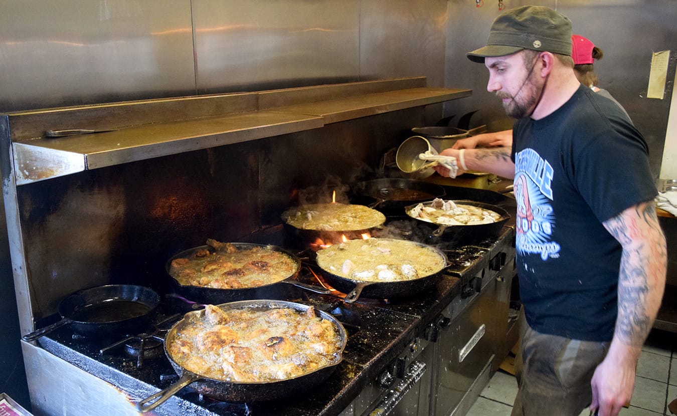 Wagner's Village Inn is one of two restaurants on the Southeastern Indiana Chicken Tour. Each of the cast-iron skillets of fried chicken serves two patrons. | Photo by Michael Waterford