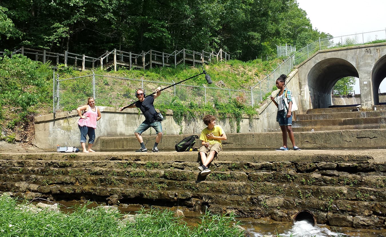 Some of the cast and crew of “Above the Fruited Plain” on location at the dam at Griffy Lake. | Photo courtesy of 