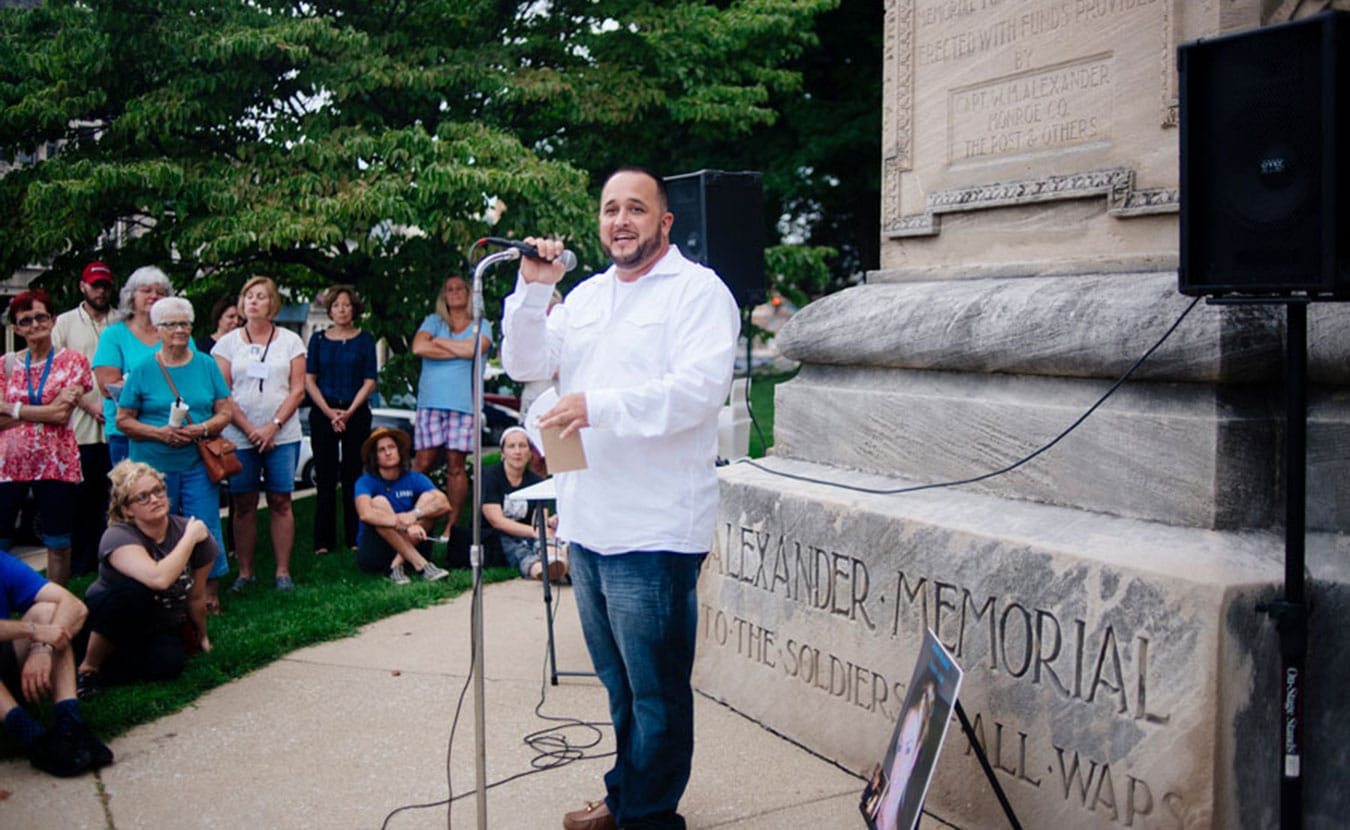 Brandon Drake, founder of Keystone Interventions, speaks during a vigil at the Monroe County Courthouse Square. | Photo by Natasha Komoda