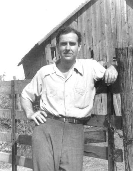 RLJ at the Old Home Place, in Henry County, Indiana, in the summer of 1946. RLJ returned to his ancestral home at the request of "Life Magazine," which was considering a feature article. Instead, an excerpt from "Raintree County" appeared in "Life" on September 8, 1947. This photograph and others from the shoot were never published. | Photo by Jeff Wylie, Time-Life. Photographs from <a href="http://www.raintreecounty.com/bookphot.html" target="_blank" rel="noopener">raintreecounty.com</a> are used with permission of The Estate of Ross Lockridge, Jr.
