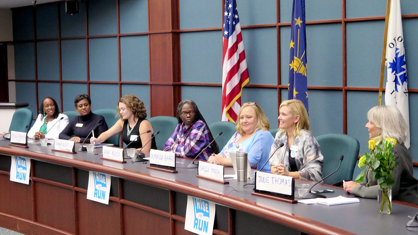 Panelists for the kickoff event of&nbsp;Rise to Run Bloomington&nbsp;discussed the fundamental tools of running and winning a progressive campaign.&nbsp;Panelists included (l-r) Rep. Attica Woodson Scott, Kentucky State Legislature; Nicole Browne, Monroe County Clerk; Diana O’Brien, assistant professor of political science at Indiana University; Dana Black, State Democratic Party Deputy Chair; Amanda Clerkin Barge, first-year Monroe County Commissioner; Shelli Yoder, Monroe County Council member and two-time candidate for U.S. Congress; and panel moderator Julie Thomas, Monroe County Commissioner. | Limestone Post