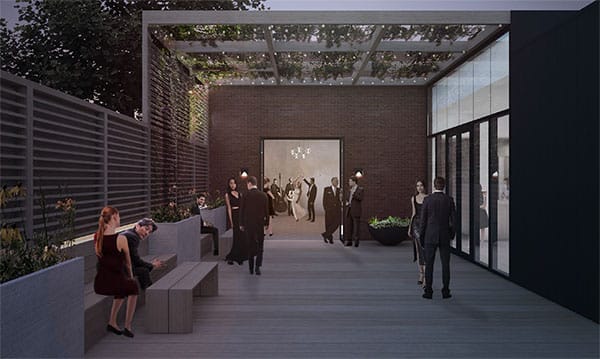 The garden will look west into the library. A pergola covers part of the garden, above entrances to the library and atrium. | Image courtesy of Malane Benedetto