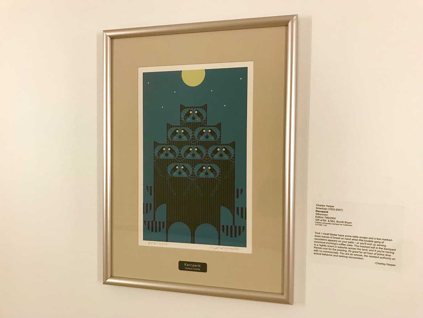 An example of Charles Harper's graphic wildlife illustrations, Raccpack is a silkscreen edition found in the IMU down the hallway to the left of the bowling alley, toward the office of the Dean of Students. | Photo by Samuel Weslch Sveen