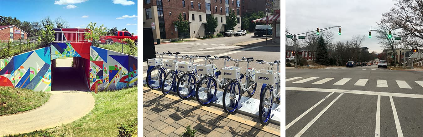 (left) A mural by Justus Roe at the bike and pedestrian underpass at 7th Street and the Bypass. | Limestone Post (middle) Bloomington residents have recently gained access to new modes of alternative transportation, including PACE bike-share, pictured here, and Bird and Lime scooters. | Limestone Post (right) Starowitz took this photo on his commute to work. “The bike lane on College as soon as you hit the north&nbsp;end downtown turns into a sharrow [a shared lane],” he says. “It essentially&nbsp;disappears. Exactly where you want traffic to slow down, you force bicyclists to merge with ongoing traffic. Note — posted speed limit is 25 miles per hour.” | Photo by Sean Starowitz