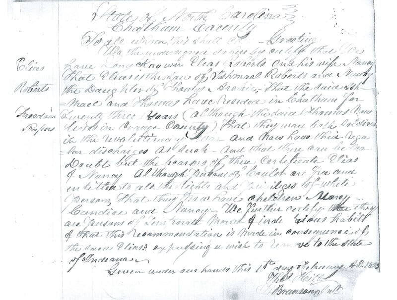 Lick Creek settler Elias Roberts’s freedom papers, also called “free papers.” Roberts once owned 640 acres in three different spots at Lick Creek to help other Blacks settle in the area. See the end of the story for transcriptions of the freedom papers for Elias Roberts and John B. Thompson. | Courtesy image