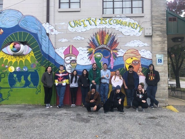 'After all our projects were finished, we took a short walking trip to the Chocolate Moose to reflect on the project,' says Aidan Reef, a student at the Academy of Science and Entrepreneurship. (kneeling, l-r) Bailey Knapp, Zach Summit, and Allison Wright. (standing, l-r) Aidan Reef, Gavin Hillenberg, Alia Cagle, Anya Thomas-Rigdon, Stephen Morton (para-educator), Dagon Katz, Alisha Biddinger, Hunter Deaton, and Alex Diaz. | Photo by Rachel Bahr