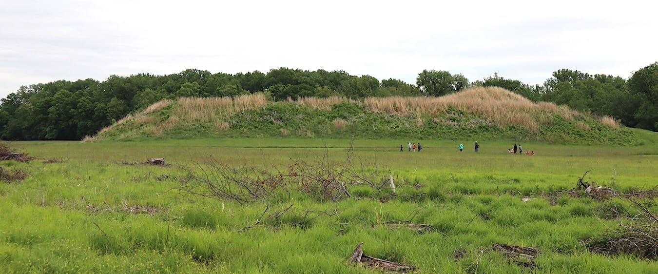 Mound A (above) is the central mound at Angel Mounds. The town had 12 other mounds, on top of which stood the homes of spiritual leaders and important people, as well as places of religious worship. The majority of the Middle Mississippian cities, including Cahokia (the largest Mississippian city, near present-day St. Louis) and Angel Mounds, were abandoned around 1450, prior to Columbus’s landing in the Caribbean in 1492.&nbsp;| Photo by Laura Martinez
