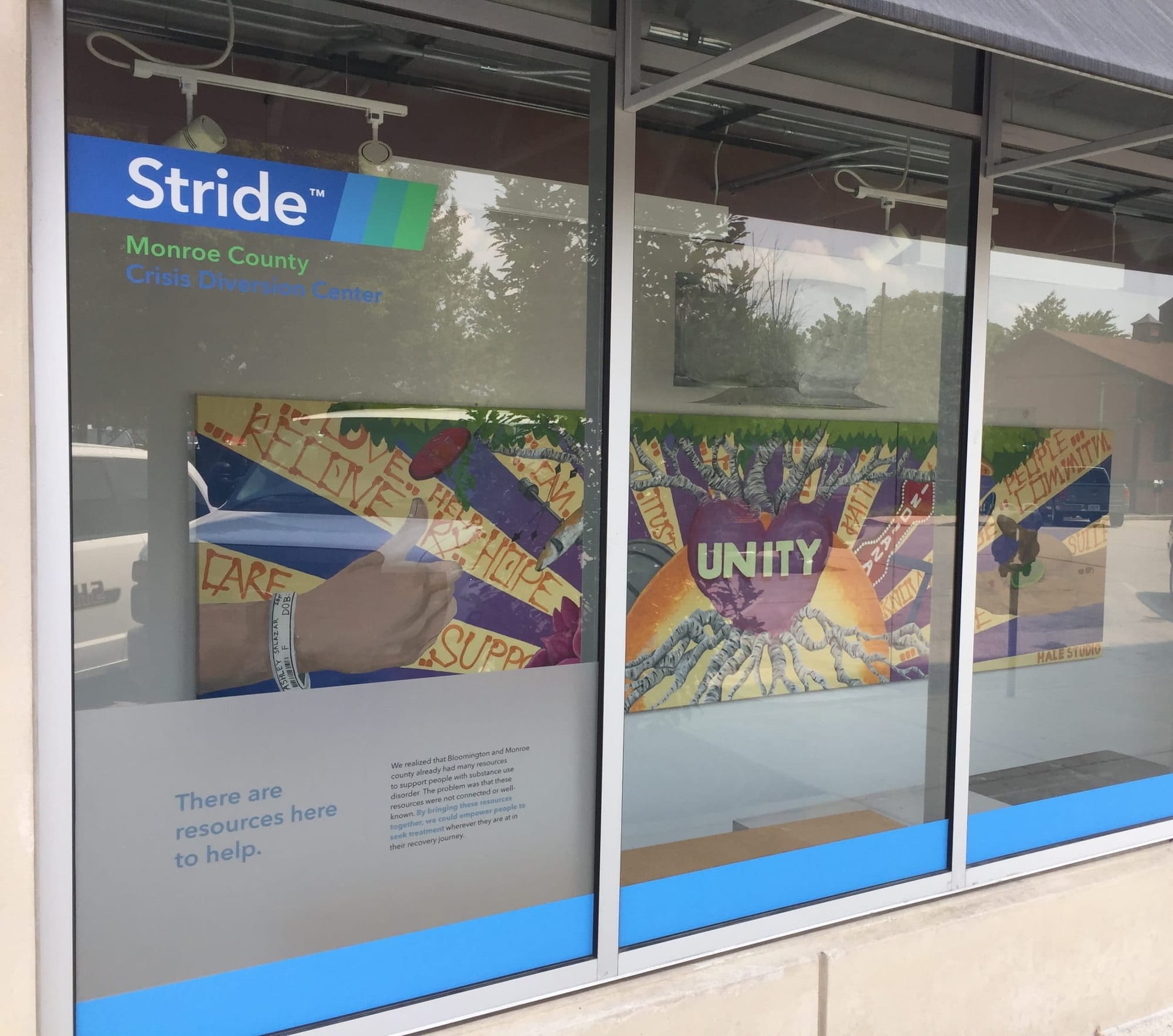 The front window display of the Stride Center at 312 N. Morton St. in Bloomington. Susan Harrington, program manager at the center, says Stride is a voluntary diversion center and ‘resource hub.’ | Limestone Post