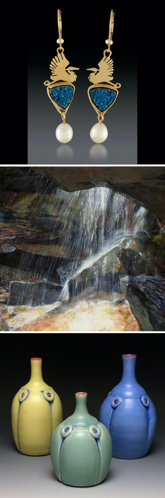 Local artist Rebecca Lowery says nothing compares to art fairs for ‘in-person interactions between patron and artists. Each artist’s work is unique, and some work just needs to be seen in person.’ At 4th Street Art Festival, local artists and artists from the Midwest and beyond will show their work. (top) ‘Drusy Heron Earrings,’ by Jack Forney, jewelry; (middle) ‘Light Spray,’ by Dawn Adams, oil on canvas; (bottom) ’Button Tiny Bottles,’ by Rebecca Lowery, ceramics. | Courtesy photos