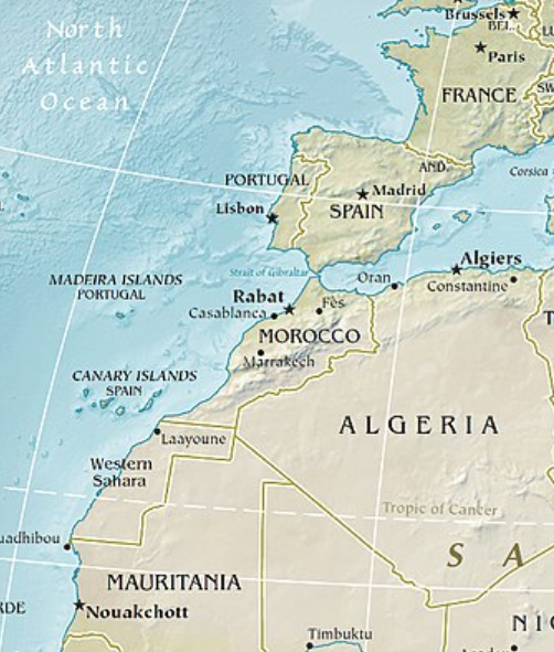 Travels to Morocco and Mauritania have inspired Townsend's writings. | Map by <a href="https://physicalmap.org" target="_blank" rel="noopener">physicalmap.org</a>, <a href="https://creativecommons.org/licenses/by-sa/4.0" target="_blank" rel="noopener">CC BY-SA 4.0</a>, via Wikimedia Commons. The map has been cropped.