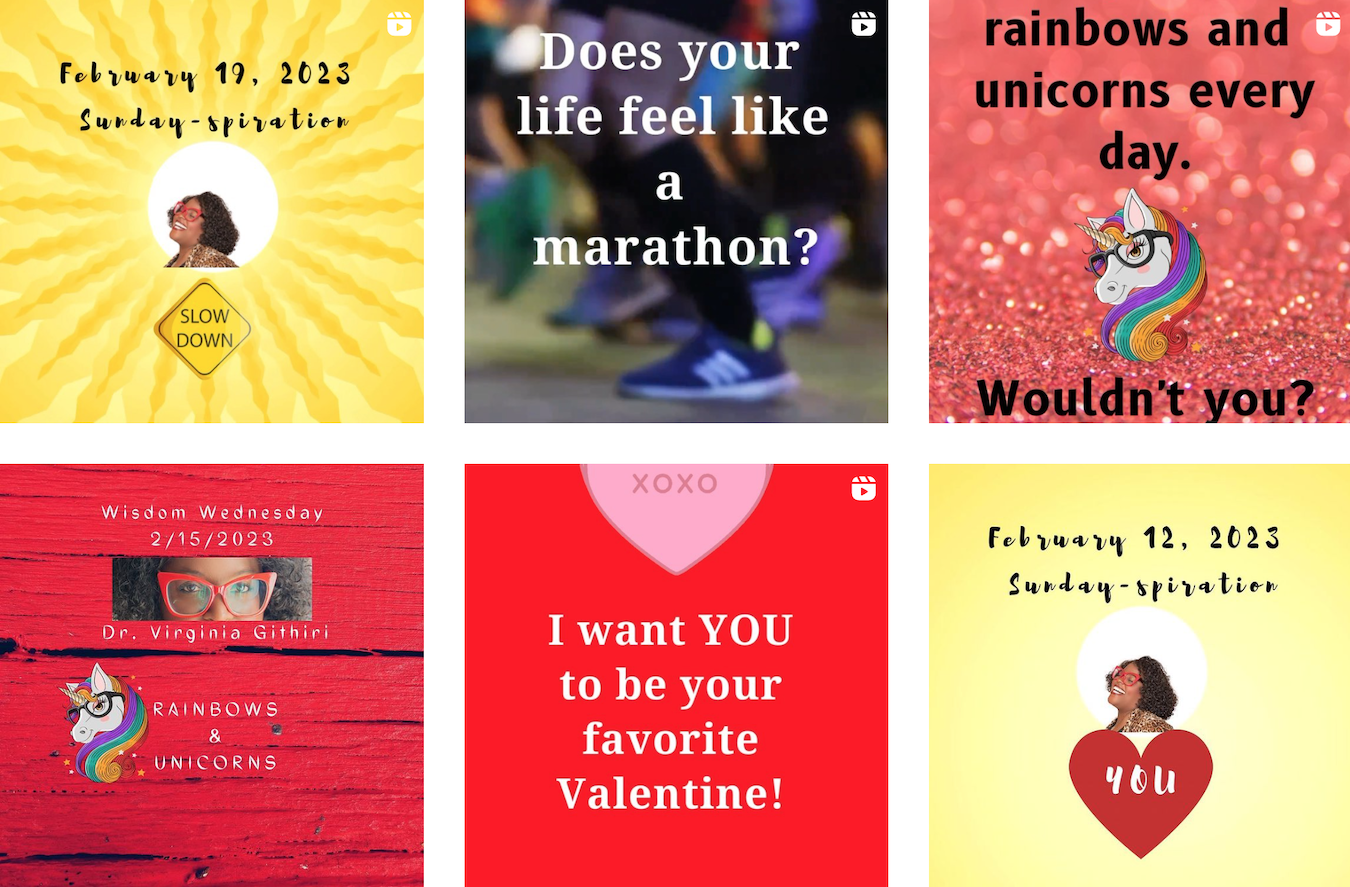 Recent posts on <a href="https://www.instagram.com/dr.virginia.githiri/" target="_blank" rel="noopener">Dr. Githiri’s Instagram account</a>. As an Integrative Wellness Coach, Dr. Githiri helps clients take a holistic look at their health and lifestyle: “I get people to coach themselves,” she says, “but you have to be a good listener to do that.”