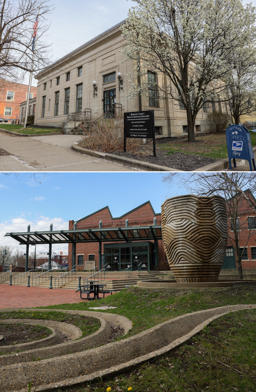 So far, Monroe County and the city of Bloomington have received two payments each, in 2022 and 2023, for the opioid distributors settlement. (top) Monroe County Health Services Building on West 7th Street; (bottom) Bloomington City Hall and Fernandez Plaza. | Photos by Benedict Jones