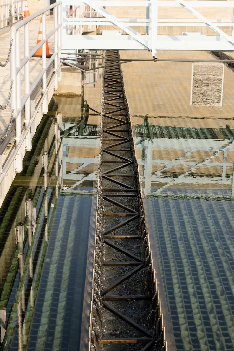 Water flows through V-notch weirs during the last step of the purifying process at the South Shields Road Water Treatment Plant. This helps trap and remove any remaining pollutants. | Photo by Anna Powell Denton
