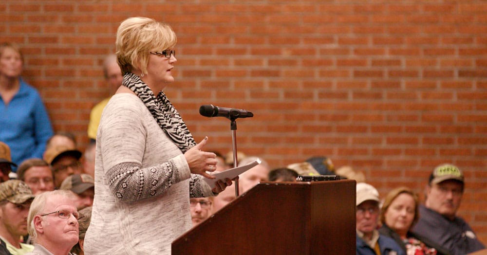 Kathy Reinke, Spencer County Regional Chamber of Commerce executive director, spoke in favor of the plant at the IDEM listening session on December 5, 2018.