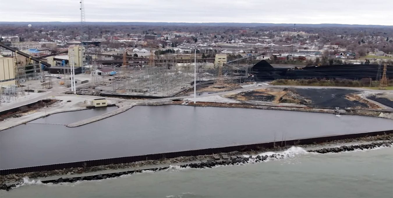 Steel pile barriers bordering the Michigan City Generating Plant | Photo by Timeless Aerial Photography, courtesy of Just Transition Northwest Indiana