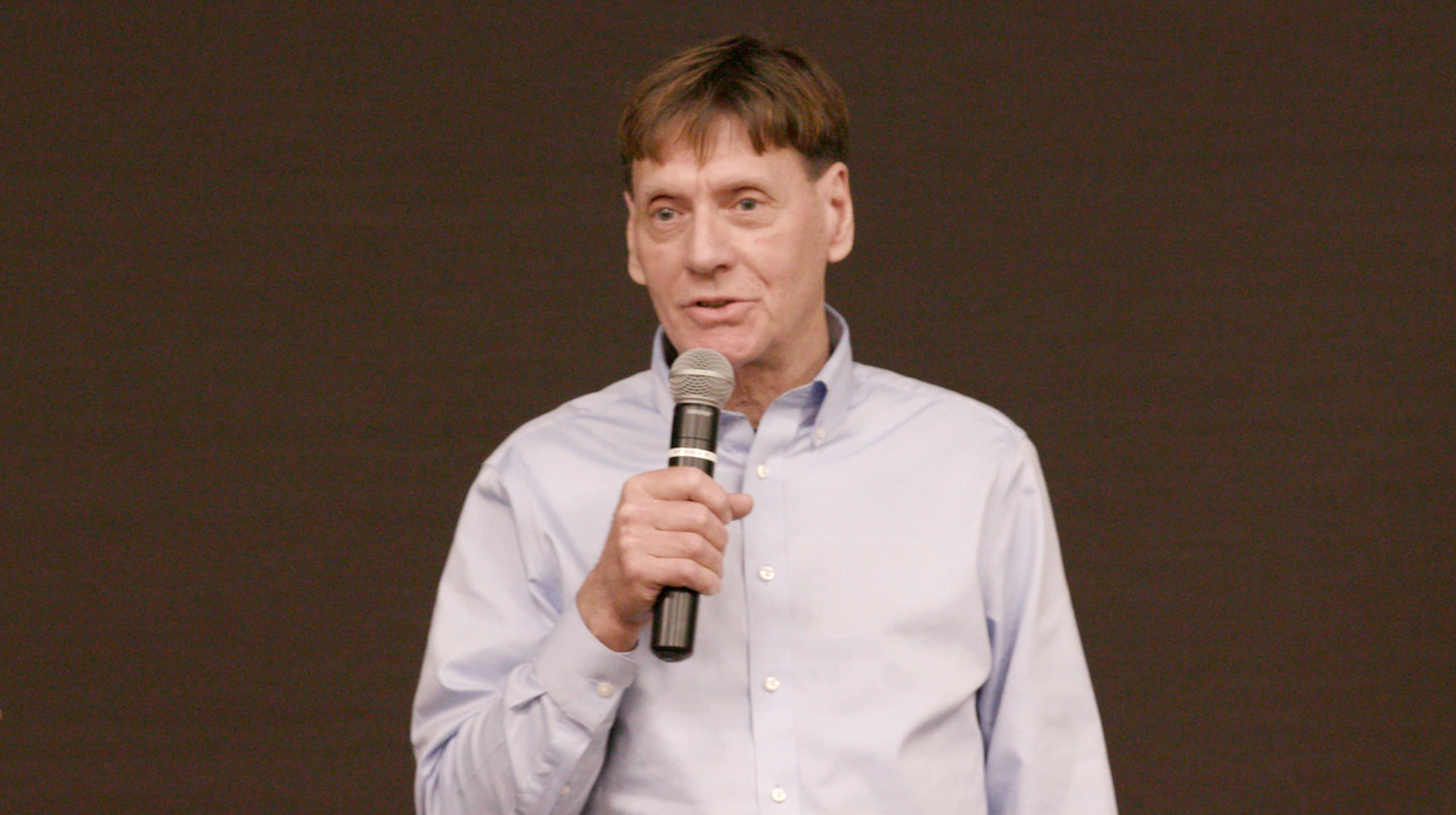 Tom Wallace speaking at an event in February 2020, where results of a pilot health study were discussed with the community of Martinsville.