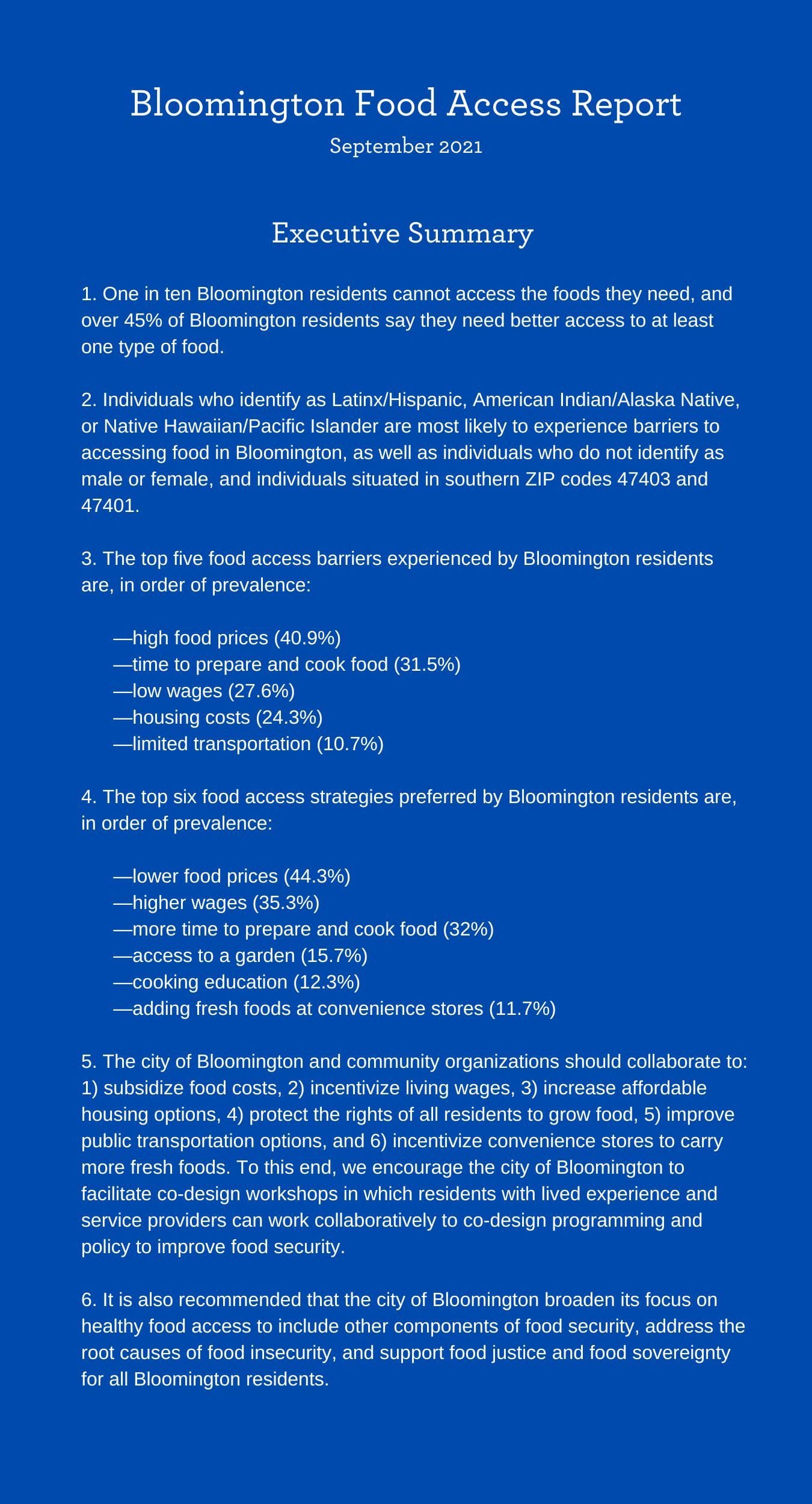 Executive summary of the 2021 Bloomington Food Access Report.