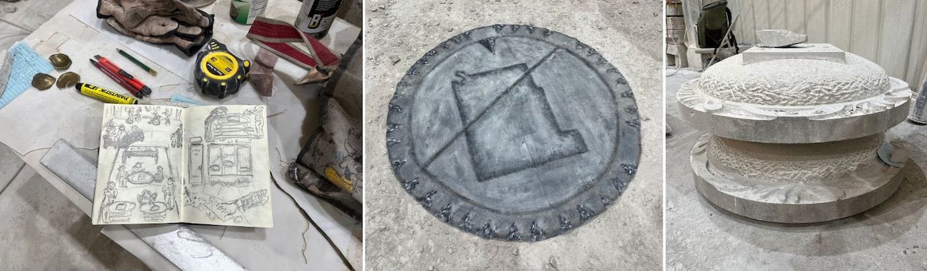 (l-r) Sturdevant’s sketchbook and some of Cunningham’s tools, a canvas model for the carvings, and two of the works in progress. | Limestone Post