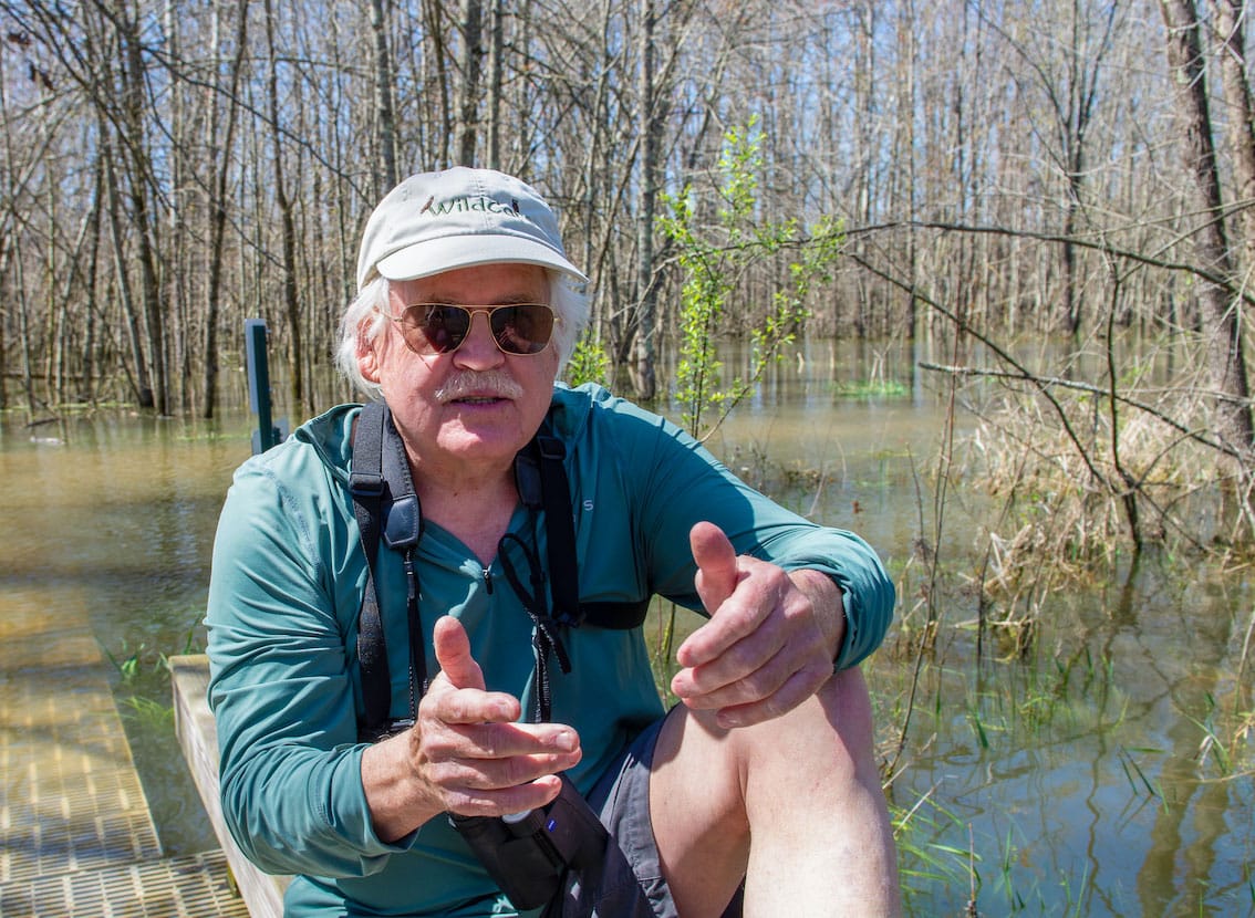 Beanblossom Bottoms Nature Preserve, April 2024—Tom Zeller, a founding member of Sycamore Land Trust, was instrumental in establishing the Beanblossom Bottoms preserve. The advantage of land trusts, he said during a hike through three feet of water in April, is that their properties are protected forever.