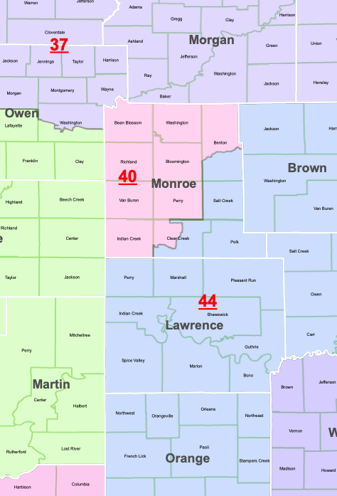 Gerrymandering has allowed Indiana Republican candidates to win about 80 percent of the state’s Senate seats by getting only about 58 percent of the state’s votes. Above, the Indiana Senate District map for south-central Indiana. | Source: <a href="https://iga.in.gov/information/senate-district-map" target="_blank">Indiana General Assembly website</a>