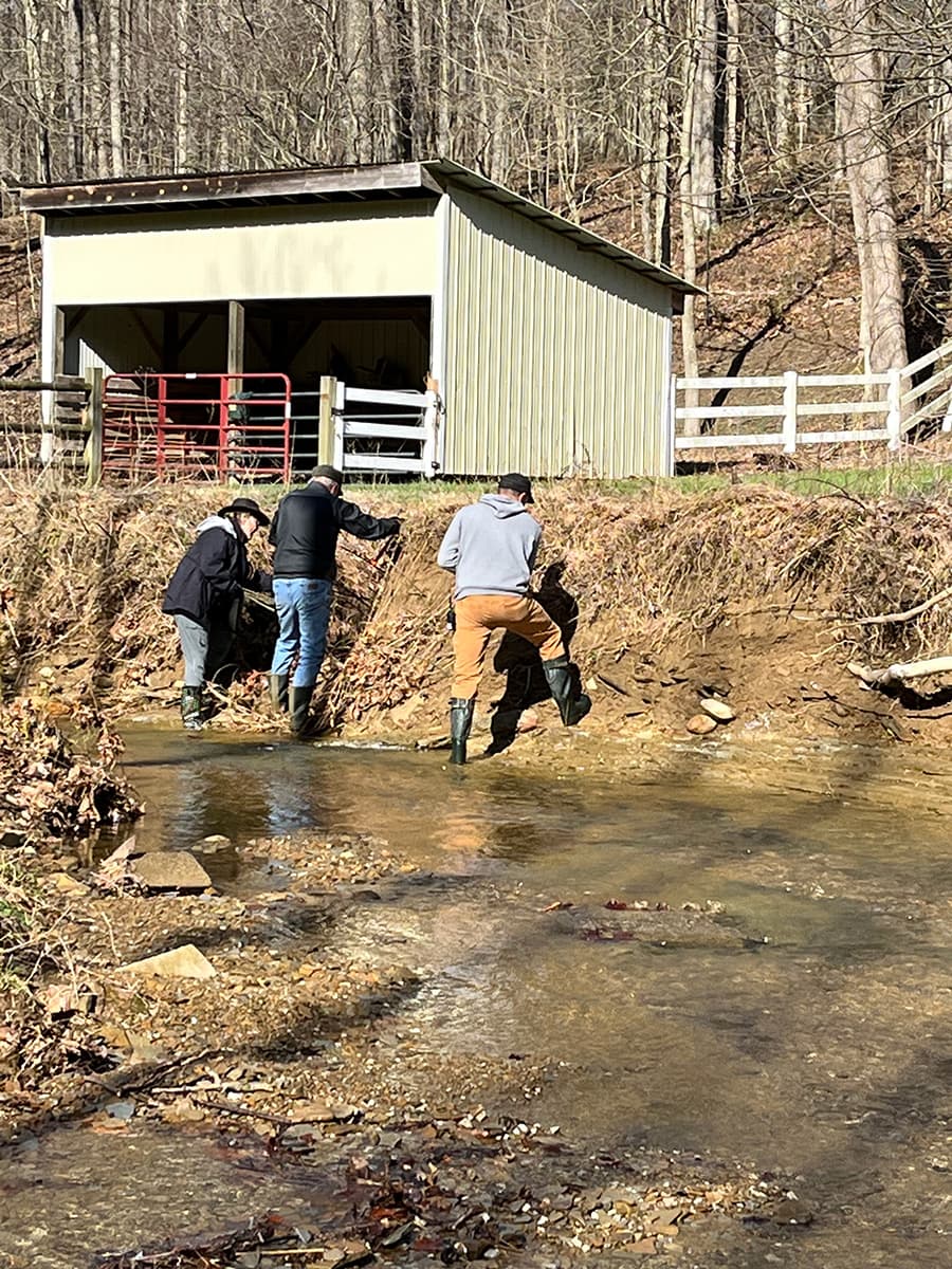 Volunteers with the Lake Monroe Water Fund plant willow stakes along Clay Lick Creek in Brown County in 2023. | Photo by Michelle Cohen