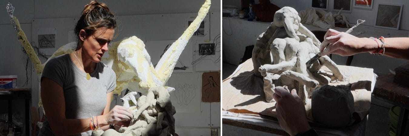 Cooper Pennington working in her studio. In the photo on the left, the large piece in the background is an early stage of “Use Your Words,” the centerpiece of the exhibition at the I Fell. | Photos by Claude Cookman