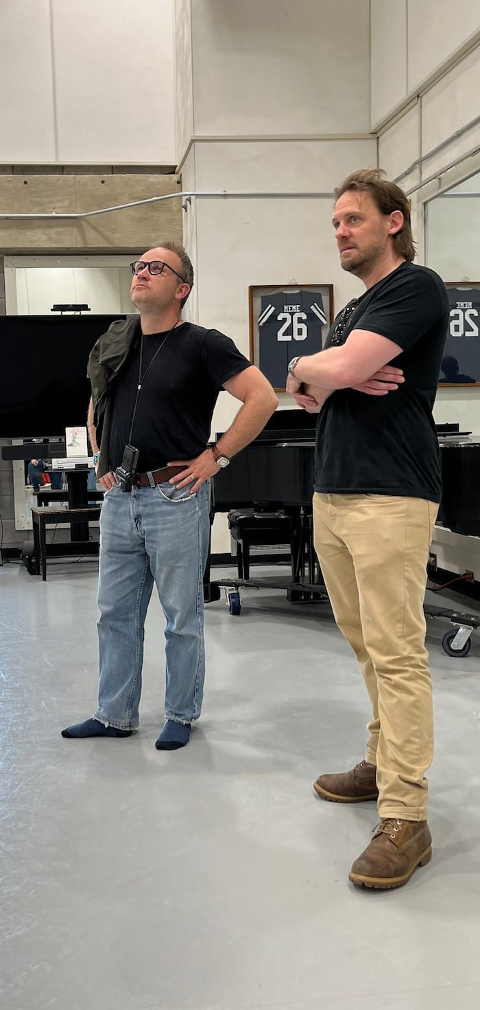 Roman Franc and Jon Tonks (right) take measure of a rehearsal studio before a photo shoot at the IU Musical Arts Center. | Limestone Post