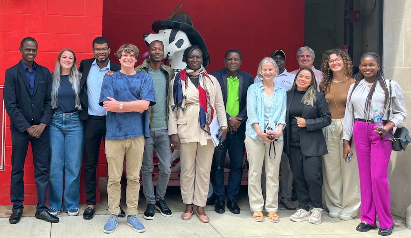 The International Center in Indianapolis hosted a group of international journalists who were participating in the U.S. Department of State’s Edward R. Murrow Program for Journalists. They visited with editorial staff members from WFHB and Limestone Post to discuss the Deep Dive collaboration, as well as the opportunities and challenges in covering local news. (l-r) Musa Sidya Kamara (Sierra Leone), Noelle Herhusky-Schneider (WFHB), Josimar de Ceita Afonso (São Tomé & Principe), Kade Young (WFHB), Tinashe Kairiza (Zimbabwe), Sokhna Khadydiatou Sakho (Senegal), Chinereth Isaque Ramos José (São Tomé & Principe), Anne Kibbler (Limestone Post), Robert Adiga (Uganda, back row in cap), Graziela França Da Silva (Brazil), Ron Eid (Limestone Post, back row), Sara Pavani (Brazil), and Julieta Berta Antonio Zucula (Mozambique). Interpreters (not pictured): Maria Marta Lage and Lynnea Hansen | Photo by Lynnea Hansen