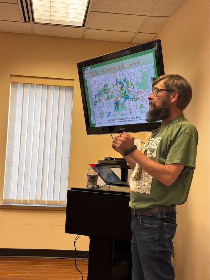 Protect Our Woods campaign manager Steven Stewart gives a presentation on the preservation of the Buffalo Springs natural area to a group of locals at the Perry County Public Library on Thursday, June 12, 2025. | Photo by Katlin Percifield