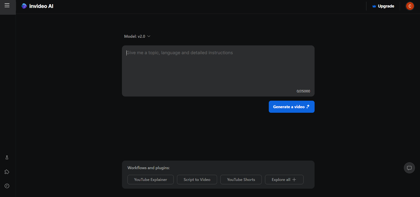 User interface of InVideo AI prompting for input and workflow type selection, including plugin options